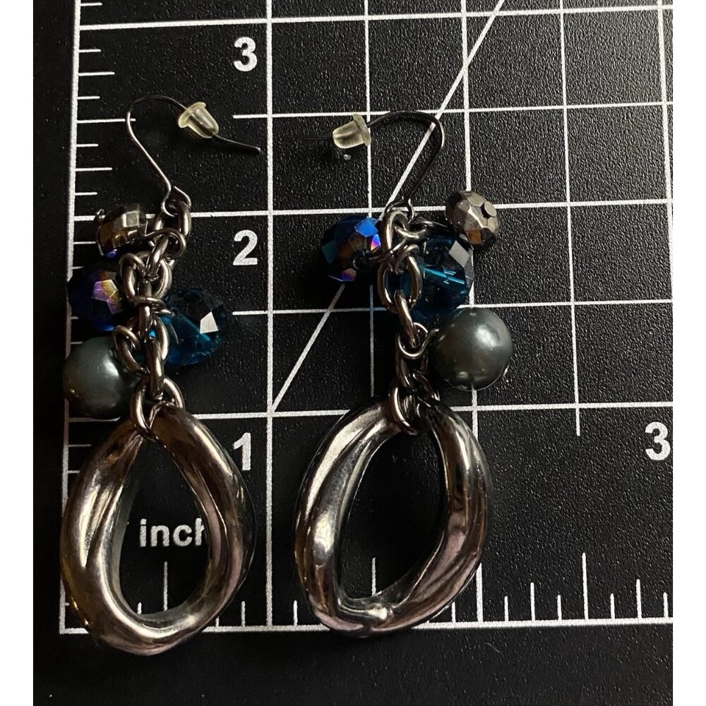 Blue Gunmetal Choker Earring Set Statement Torsade Beads Curb Chain Drop Pierced - Picture 6 of 7